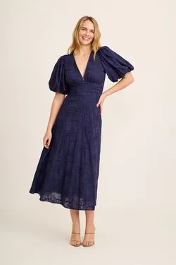Countess Maxi Dress In Navy Embroidered Cotton