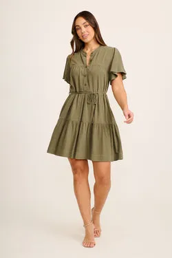 Rosemary Smock Dress In Khaki Linen Blend