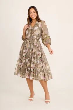 Hyacinth Midi Dress in Khaki Green Floral