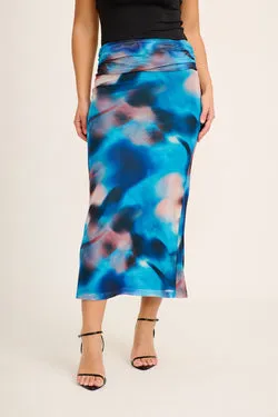 Sunset Maxi Skirt in Blue Watercolour Mesh