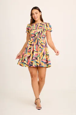 Deluca Dress In Navy Multi Leaf Print Cotton