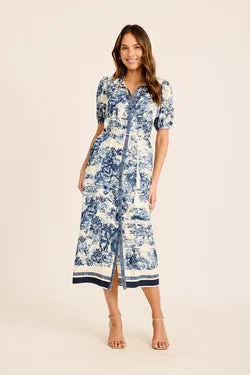 Belmonte Midi Shirt Dress in Navy with White Border Print