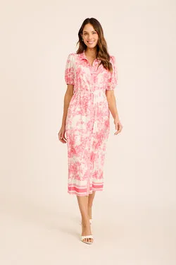 Belmonte Midi Shirt Dress in Pink with White Border Print