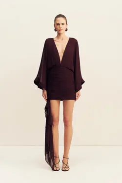 AMINA LONG SLEEVE PLUNGED MINI DRESS - WINE TASTING
