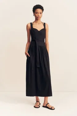 KASBAH BUSTIER GATHERED MIDI DRESS - BLACK