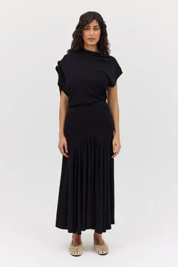 BLACK WOOL JERSEY BRACE SKIRT