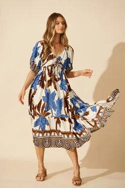 Juna Maxi Dress in Blue with Brown Leaf Print