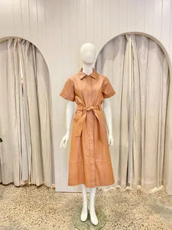 Iris & Ink Lambskin Leather Belted Midi Dress in Tan - Size 12/14
