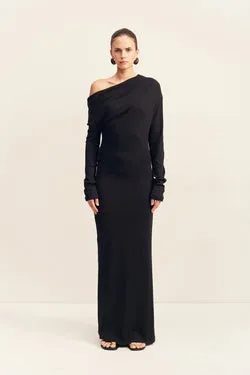 ABY JERSEY DRAPED LONG SLEEVE MAXI DRESS - BLACK