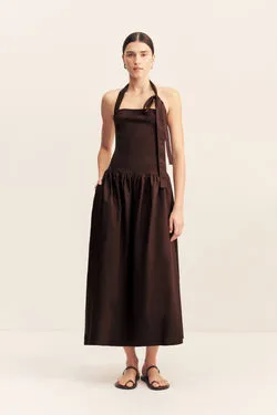 ALIAH HALTER TIE MIDI DRESS - COFFEE