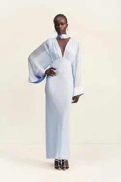 EDIE FLARED SLEEVE MAXI DRESS WITH SCARF - ARCADIAN BLUE