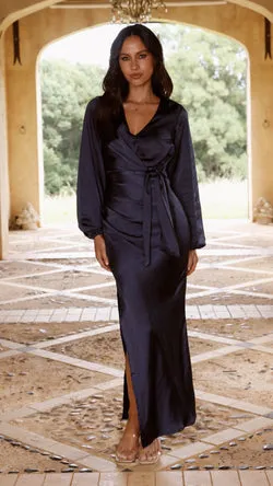 Ivy Long Sleeve Tie Front Maxi Dress - Navy