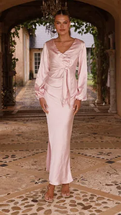 Ivy Long Sleeve Tie Front Maxi Dress - Pink