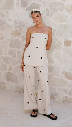 Kailani Strapless Top and Pants Set - Oatmeal / Black Polka Dot