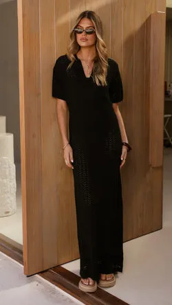 Tiffy Crochet Short Sleeve Maxi Dress - Black