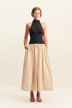 CAMPBELL CONTRAST HALTER NECK MIDI DRESS - OAT MILK