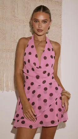 Imali Mini Dress - Pink/Choc Polka