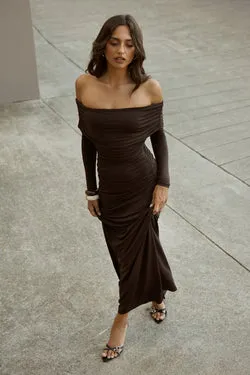 Perfect Stranger Rosetta Off Shoulder Long Sleeve Maxi Dress Ash Brown