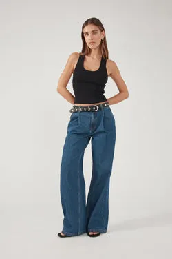 Perfect Stranger High Rise Pleated Jean Deep Blue Denim