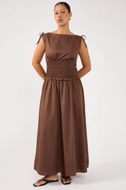 Perfect Stranger Bello Shirred Boat Neck Maxi Dress Brown