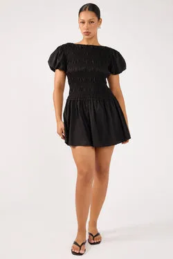 Perfect Stranger Rhea Shirred Short Sleeve Mini Dress Black