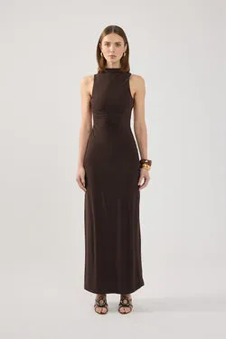 Perfect Stranger Havana High Neck Open Back Maxi Dress Brown
