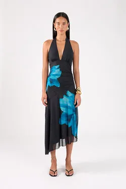 Perfect Stranger Belle Halter Midi Dress Blue Print