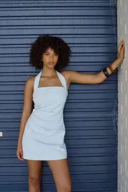 Perfect Stranger Claire Linen Halter Mini Dress Blue