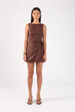 Perfect Stranger Niva Linen High Neck Mini Dress Brown