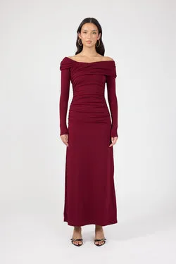Perfect Stranger Romina Off Shoulder Maxi Dress Burgundy