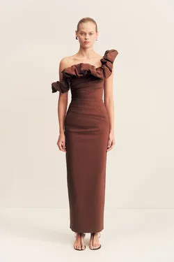 CAMPBELL RUFFLE DRAPED MAXI DRESS - ESPRESSO