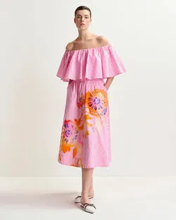 Striped And Pleated Midi Skirt (Orange/Red/White)