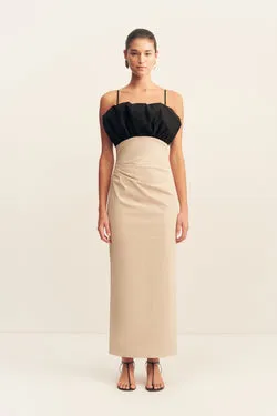 CAMPBELL BUBBLE BODICE MIDI DRESS - OAT MILK