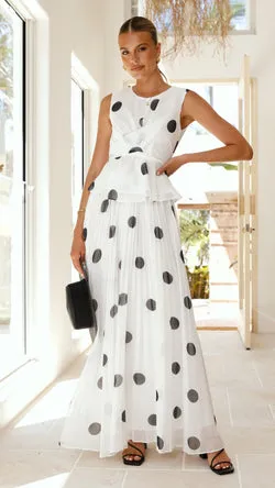 Cambree Peplum Top and Maxi Skirt Set - White / Black Polka Dot