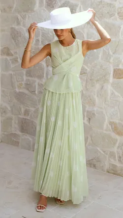 Cambree Peplum Top and Maxi Skirt Set - Sage / White Polka Dot