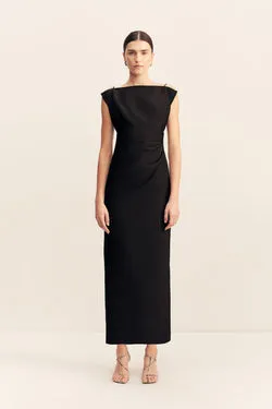 OTIS DRAPED HIGH NECK MIDI DRESS - BLACK