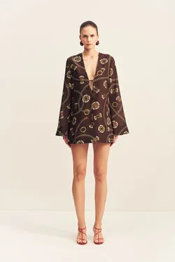 VACANZA PLUNGED LONG SLEEVE MINI DRESS - MEDALLION STAMP