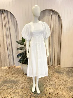 Zimmermann Puff Sleeve Linen Midi Dress in White - Size 0 (8)