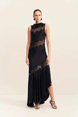 SIMONA ASYMMETRICAL PANELLED MAXI DRESS - BLACK