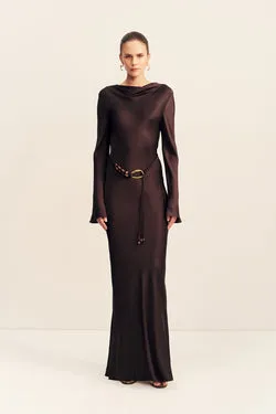 AGNES LONG SLEEVE MAXI DRESS WITH BELT - ESPRESSO