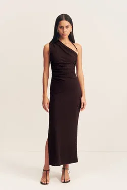 BEAU GATHERED ASYMMETRICAL MIDI DRESS - ESPRESSO