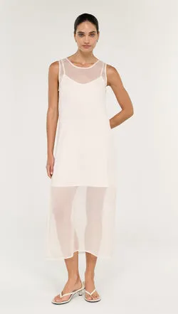 Sheer Layered Slip Midi Dress in Cream