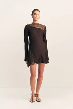 ALLEGRA LACE PANELLED MINI DRESS - ESPRESSO