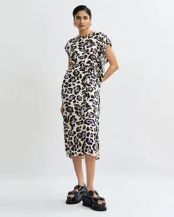 Leopard-Print Midi Dress (Black/Off-White/Purple)