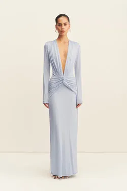 MIRO SLINKY JERSEY LONG SLEEVE PLUNGED MAXI DRESS - SKY