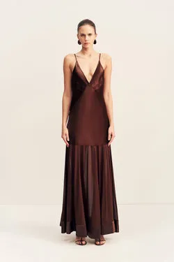 MORAYA PLUNGED MAXI DRESS - COFFEE