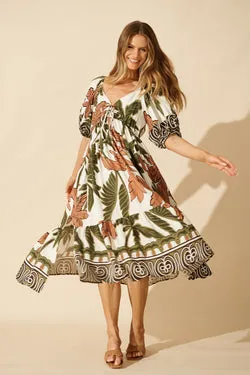 Juna Maxi Dress in Green with Brown Leaf Print