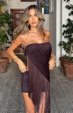 Man I Need Strapless Fringe Mini Dress Chocolate
