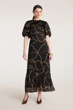 Chain Linen Dress - Black/Gold