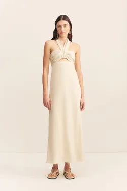 GIGI RUCHED HALTER MIDI DRESS - ECRU